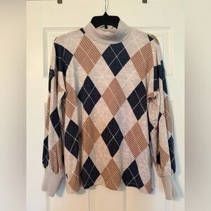 Maurices Blue and Tan Argyle Turtleneck Sweater